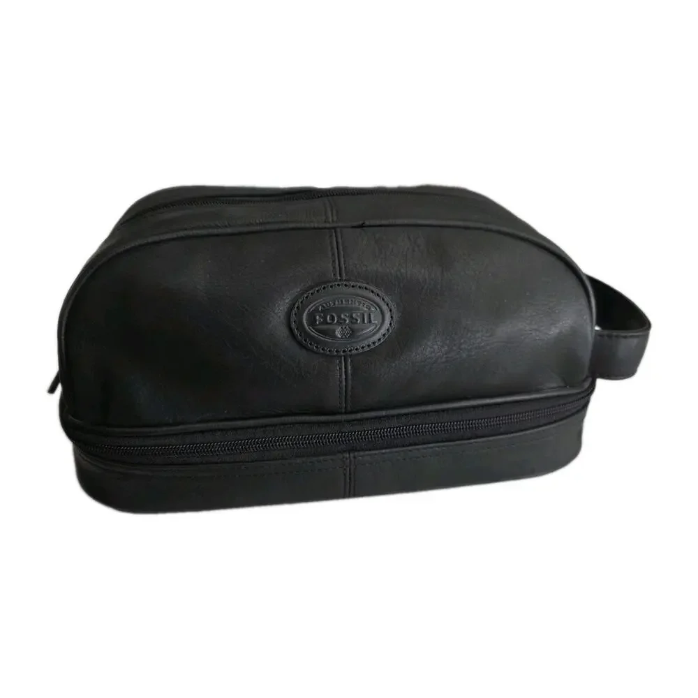 Fossil Leather Toiletry Shaving Kit Travel Bag Multi Compartments Black 11x6x5